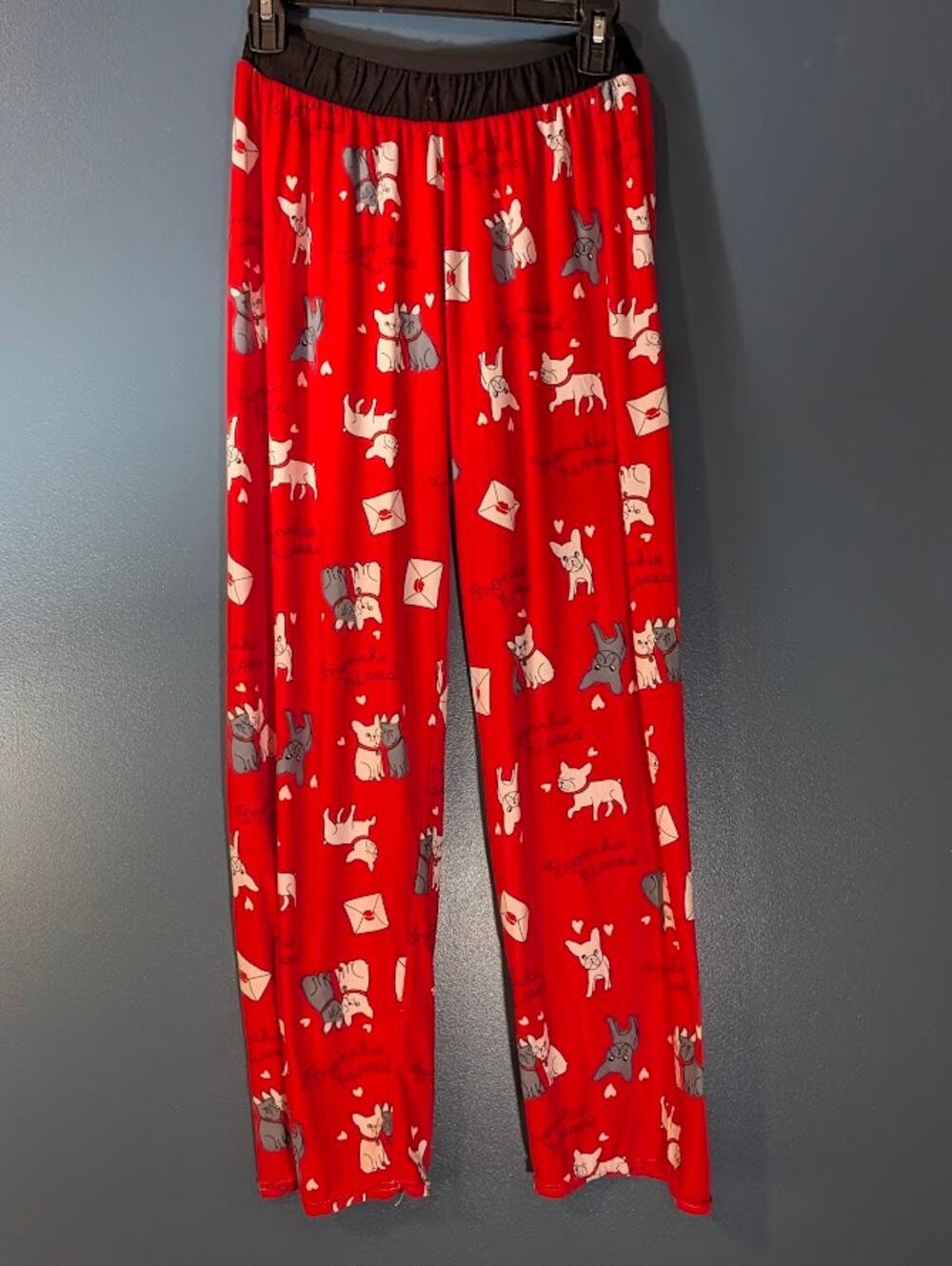 Victoria Womens Large Frenchie Kisses Red Pajama Pants French Bulldogs